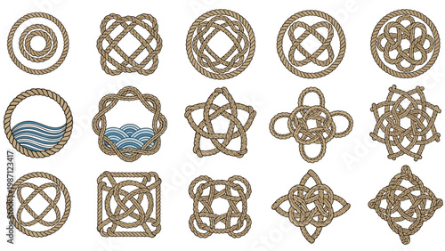 Diverse collection of nautical rope knots and decorative patterns, showcasing intricate designs and maritime artistry for various applications.