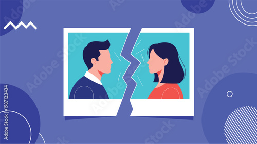 Torn photograph of a man and woman facing each other, symbolizing a painful divorce or relationship breakup and emotional separation.