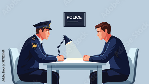 Serious police officer conducting an interrogation with a man in an interview room, symbolizing criminal investigation and legal questioning.