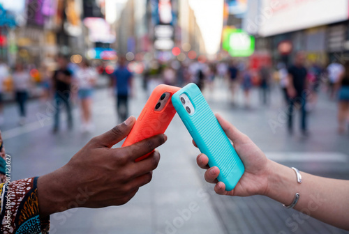 Diverse couple hands clicking two smartphones in bright orange and turquoise cases against blurred city street background for urban lifestyle and technology concept.