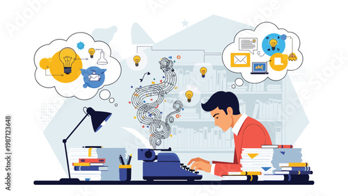 Creative man engrossed in writing on a vintage typewriter, surrounded by numerous thought bubbles filled with innovative ideas, symbolizing creative process and brainstorming.