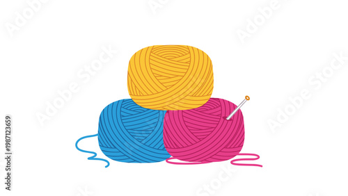 A brightly colored stack of yellow, blue, and pink yarn balls with a knitting needle sticking out, representing crafting hobbies and projects.