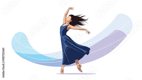 Graceful woman with flowing hair dancing elegantly in a beautiful blue dress, creating a sense of dynamic movement and artistic expression with draped fabric.