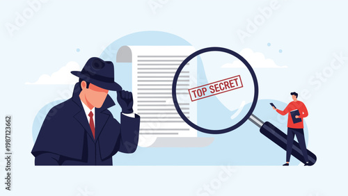 A detective in a trench coat and fedora looking at a large magnifying glass over a 'top secret' document, symbolizing investigation and confidentiality.