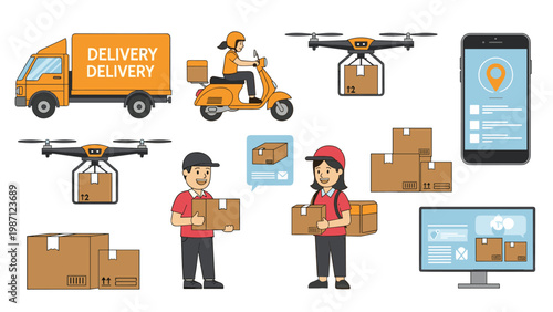 A set of various delivery methods including a truck, scooter, drones, and couriers with packages, alongside a mobile app and computer screen.