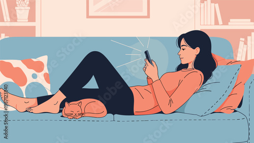 A young woman relaxing on a sofa with her cat, engrossed in her phone, depicting leisure, comfort, and digital connection at home.