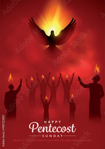Pentecost Sunday Vector Illustration with Flame and Holy Spirit Dove in Christians Religious Culture Holiday Background, Biblical Series.