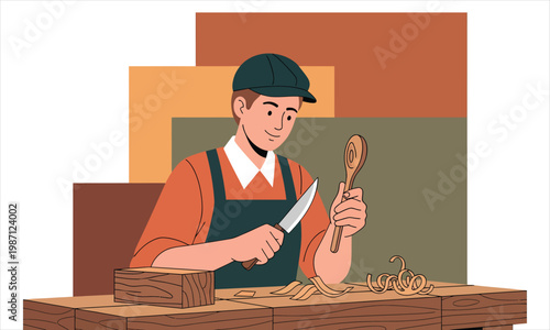 Carpenter Carving Wooden Spoon by Hand