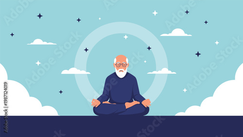A serene illustration of an elderly man meditating in a lotus position under a starry sky with clouds, symbolizing peace and mindfulness.