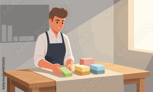 A craftsman arranging handmade soap bars on a table