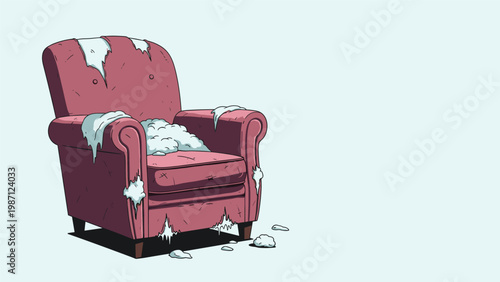 An old, worn-out armchair with stuffing coming out, depicting decay, neglect, and the need for renovation or replacement.