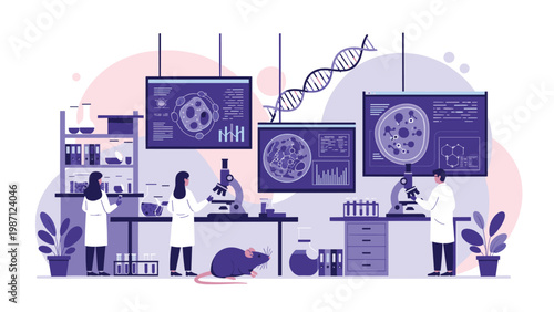 Scientists in a laboratory conducting research with microscopes, DNA models, and a lab mouse, illustrating scientific discovery and biology.