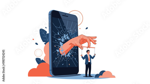 A man controlled by a giant hand emerging from a broken smartphone screen, symbolizing digital addiction, manipulation, and cyber control.