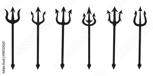 Black Trident Silhouette Set – Sharp Spear Tips Mythological Weapon Collection Vector