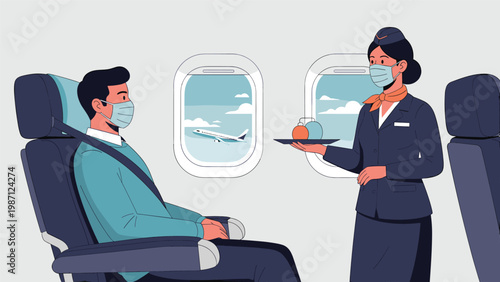 A flight attendant wearing a face mask serving food to a masked passenger on an airplane, depicting safe travel during a pandemic.