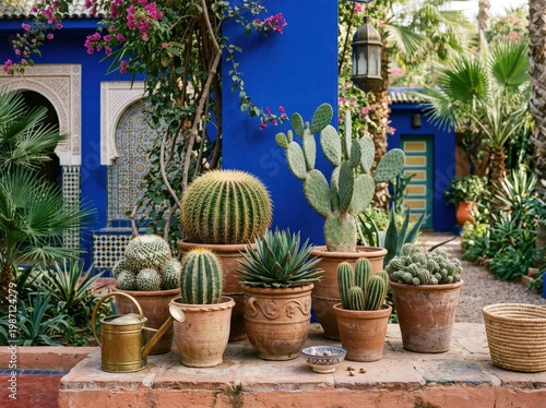 Lush Collection of Cacti and Succulents in Terracotta Pots Against Vibrant Blue Wall
