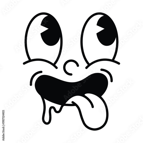 Retro cartoon face with wide eyes looking up and drooling mouth