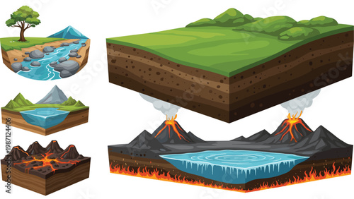 Comprehensive set of isometric geological cross-sections depicting various landscapes and earth formations, including rivers, lakes, volcanoes, and layered ground.