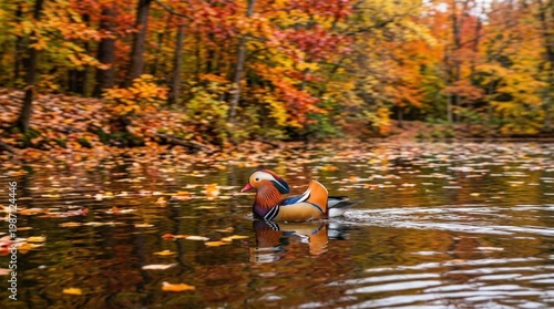Mandarins Duck Swimming in Autumn Colors Amidst Fall Leaves Reflections on Still Water