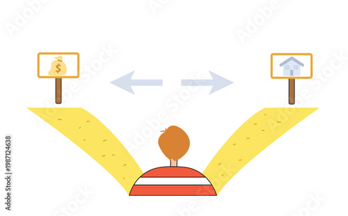 Man choosing between money or house on crossroad. Person facing life decision at two paths. Concept of financial goal and investment flat design vector illustration.