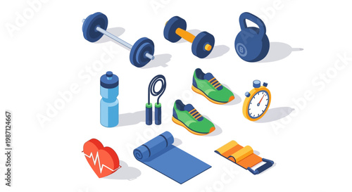 Isometric illustration of fitness equipment essential for workout routines and healthy living