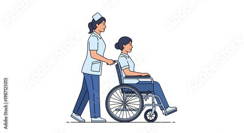 Vector Illustration of a Nurse Pushing a Patient in a Wheelchair, Depicting Care and Medical Assistance