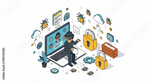 Cybersecurity hacker stealing data from laptop with locks and bugs.