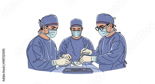 Vector illustration of surgeons performing operation with scalpels and instruments in a sterile environment, highlighting teamwork and advanced healthcare procedures