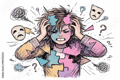 Split struggling person imperfect messy image generation vector identity lines icon sketch