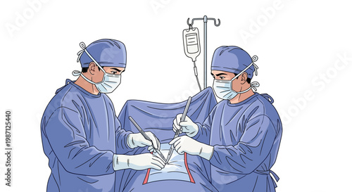 Vector illustration of two dedicated surgeons performing a critical operation with scalpels in a sterile operating room, representing precise medical care