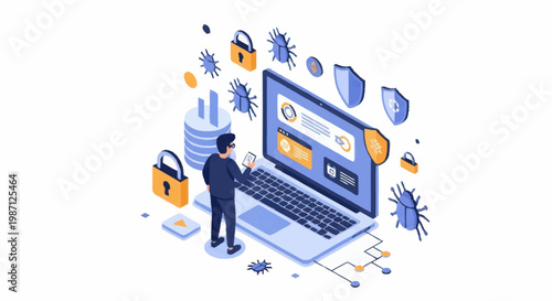 Cybersecurity hacker protects laptop from digital threats and viruses.