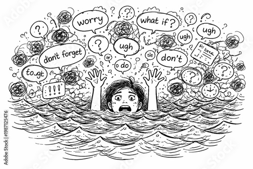 Anxiety imperfect generation person uneven lines doodle visualization image drowning simple icon