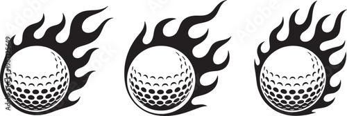 Golf ball on fire vector icons set isolated on transparent background, flaming golf ball collection