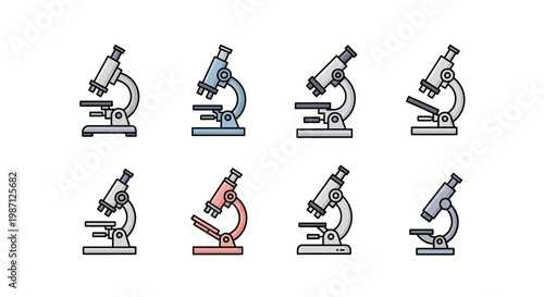 Illustration of a series of microscopes in different colors on a white backdrop