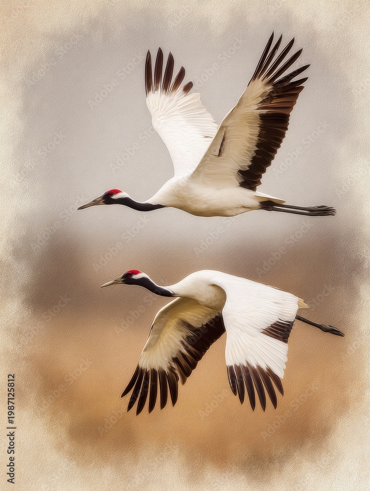 Fototapeta premium A wall art poster showing cranes soaring together in the sky during daylight, with a soft background and clear feathers