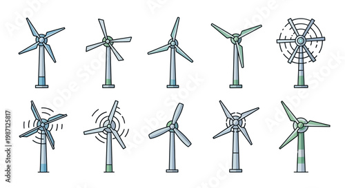 Illustration of Diverse Wind Turbines Depicting Renewable Energy Sources and Sustainable Power