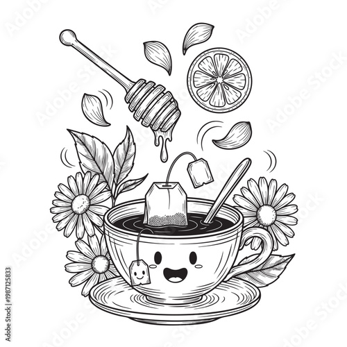 Blooming Teacup Character with Honey Dipper and Citrus Slices — Botanical Beverage Kawaii Illustration