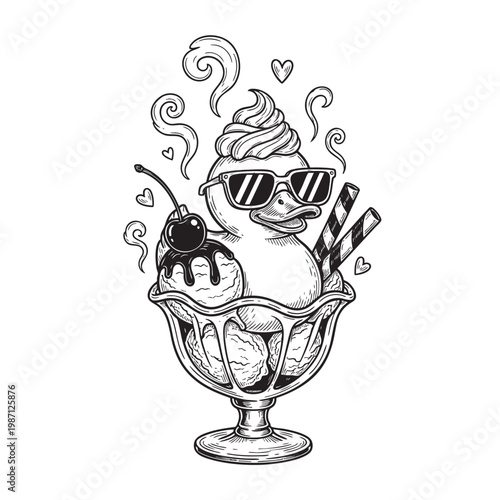 Cool Ice Cream Sundae Character in Sunglasses Sipping Through Straw — Retro Dessert Mascot Ink Art