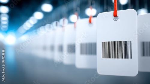 Barcodes move along conveyor belt system automated system scans products with unique identification codes