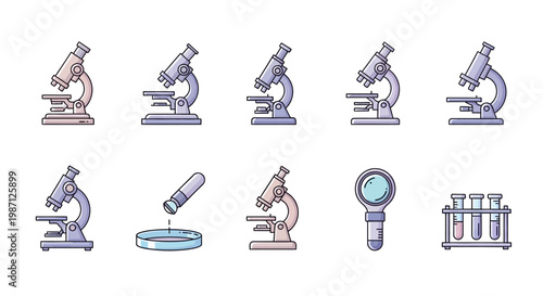 Illustration of laboratory equipment including microscopes, petri dish and test tubes for research