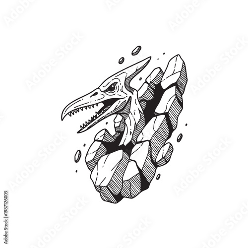 Geometric Low-Poly Dinosaur Skull Crumbling Apart — Dark Fossils and Fragments Mosaic Vector Art