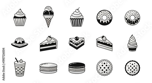 Illustration of various delicious desserts in black and white icons for culinary designs