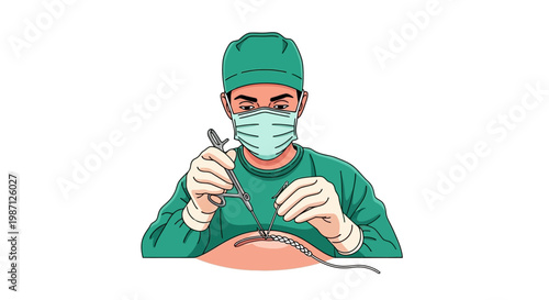 Vector illustration of a surgeon in a surgical scrub suit and mask, performing a laparoscopic procedure with medical instruments, symbolizing modern healthcare