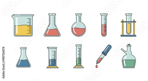 Illustration of various laboratory glassware and equipment for scientific research experiments