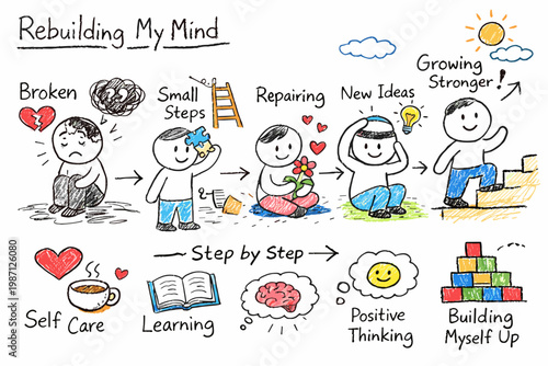 Messy step style image naive vector icon generation person rebuilding mind doodle