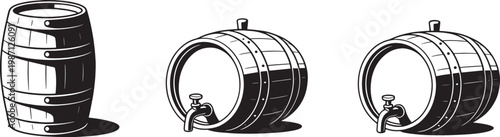 Collection of wooden barrels with different views and tap, liquid storage containers, rustic objects