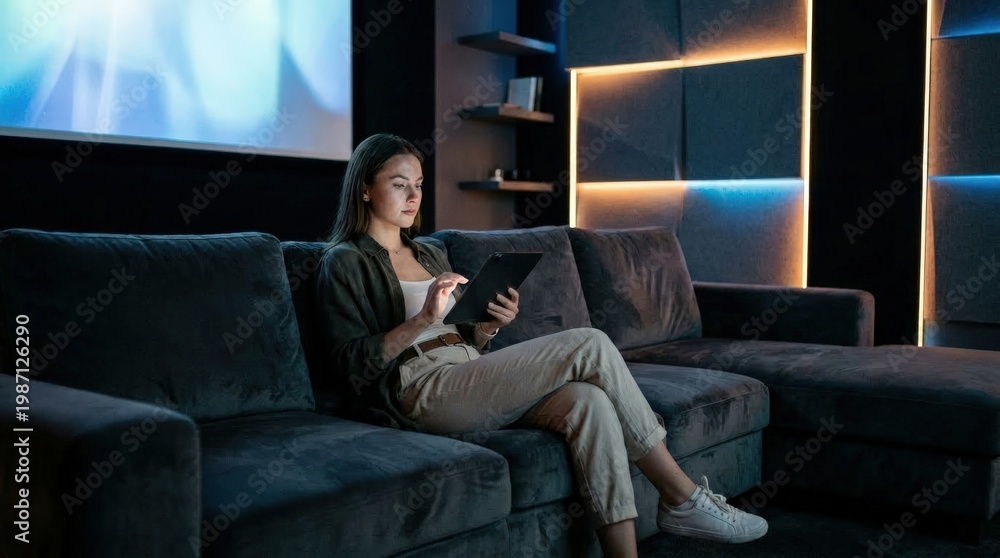 Obraz premium Young woman using digital tablet on sofa in modern home cinema room