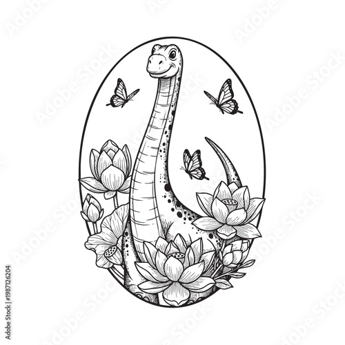 Elegant Sauropod Among Lotus Blossoms in Oval Frame — Serene Botanical Dinosaur Fine Art Vector