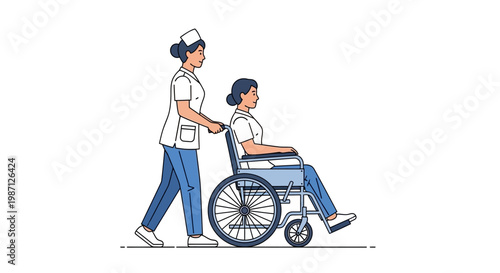 Vector Illustration of a Nurse Pushing a Patient in a Wheelchair, Representing Healthcare and Assistance for Mobility Impaired Individuals, Digital Art