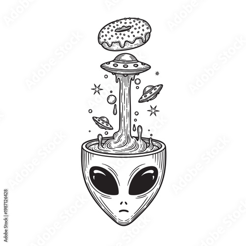 Extraterrestrial Face Mug Launching Donut UFOs into Cosmos — Surreal Alien Coffee Cup Space Art